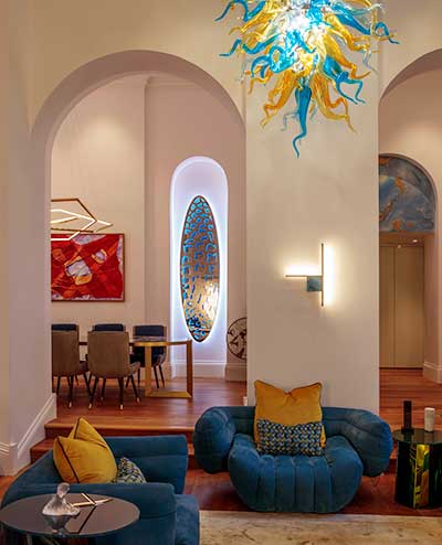 Aegis sculpture lighting up an alcove with programmable LED lights