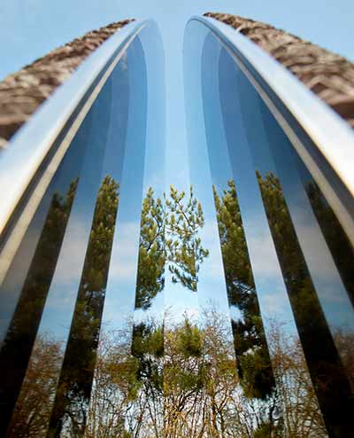 Kaleidescopic reflections on mirror polished stainless steel surfaces