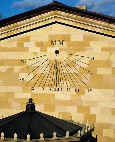 Innovative strip vertical sundial,
Magdelen College,
Oxford University, England