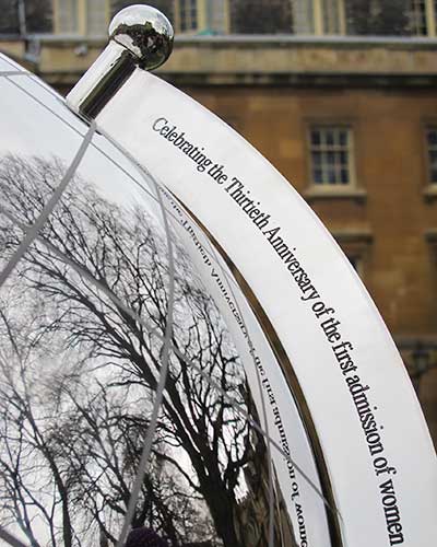 Personalised engraving on a stainless steel armillary sphere sundial