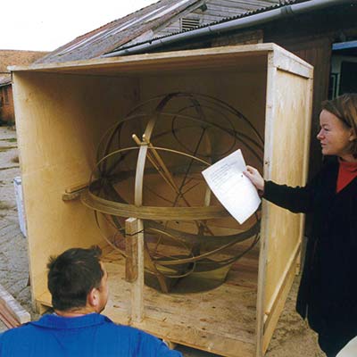 An armillary sphere ready to be shipped to Chicago
