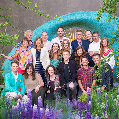 The David Harber Team in front of the Aeon sculpture at our first Chelsea show garden